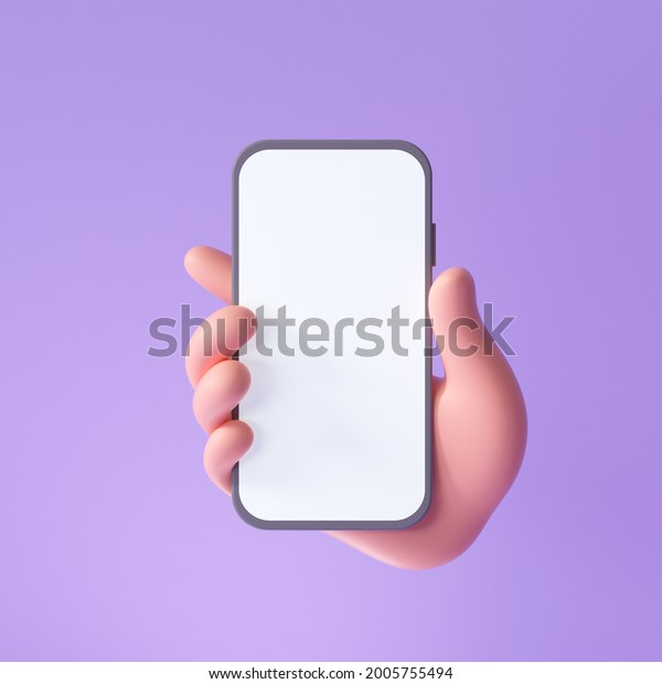 3D\
Cartoon hand holding smartphone isolated on purple background, Hand\
using mobile phone mockup. 3d render\
illustration
