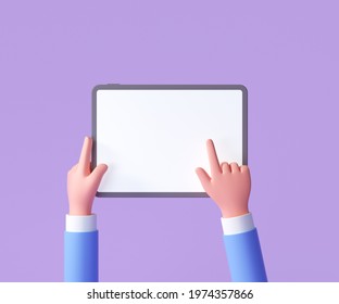 3D Cartoon Hand Holding Tablet Isolated On Purple Background, Hand Using Tablet Mockup. 3d Render Illustration