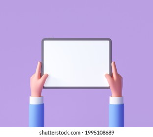 3D Cartoon Hand Holding Tablet Isolated On Purple Background, Hand Using Tablet Mockup. 3d Render Illustration