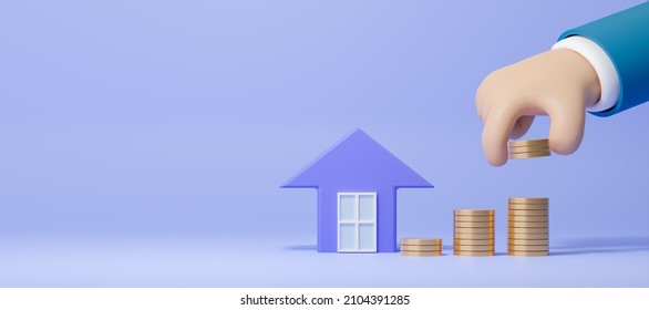 3d Cartoon Hand Put Coin On Stack With House Model, Saving Money For House And Real Estate, Financial Plan Home Loan Concept, Loan Investment Residential, Real Estate, Property Concept, 3d Render.