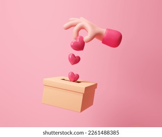 3d cartoon hand putting red hearts to donation box, concept of donorship, life saving or charity. Sincere devotion to faith. Donation box and love concept. Valentine's day concept. 3d rendering - Powered by Shutterstock