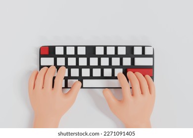 3D Cartoon hand using typing on the keyboard, top view, 3D Render illustration