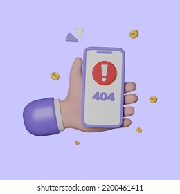 3d Cartoon Hand Using Web Browser And Alert Error 404 App On Mobile Phone. 3d Render.