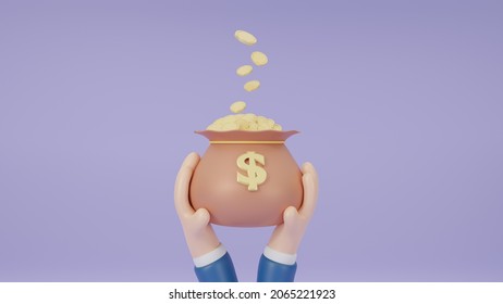 3d Cartoon Hands Holding Money Bag With Gold Coins Icon On Purple Background, Financial Icon, Business Concept, Full Of Lucky Bags To Celebrate The New Year Illustration, 3d Rendering Illustration