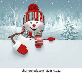 3d Cartoon Happy Snowman Holding Blank Banner, Winter Background, Christmas Greeting Card