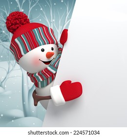 Happy snowman holding blank banner stack of gift boxes Door Sticker Xmas Decor