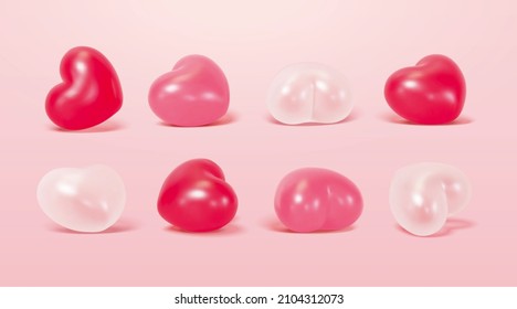 3d Cartoon Heart Balloon Collection, Isolated On Light Pink Background. Suitable For Valentine's Day And Mother's Day Decoration.