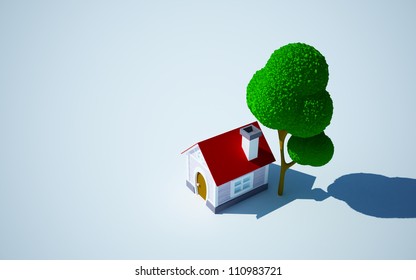 3d cartoon house and tree, isometrics, white background