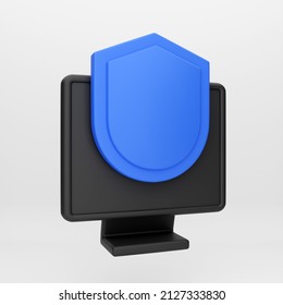 3d Cartoon Icon Monitor With Sheild Protection For Mockup 3d Render Illustration