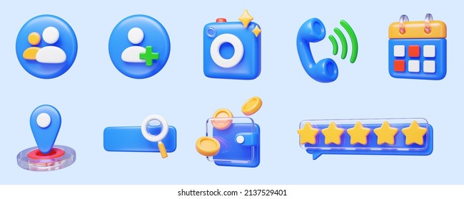 3d Cartoon Icons Set On Blue Background, Different Types Of Icons For Contacts, Camera, Phone Call, Calendar, Map Location, Search, Digital Wallet And Star Ratings.