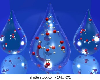 3D cartoon illustrating a drop of water with molecules inside