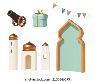 3d cartoon Islamic holiday objects, including iftar cannon, mosque tower models, gift box, Arabic arch door decor and bunting flag. Elements isolated on white background.