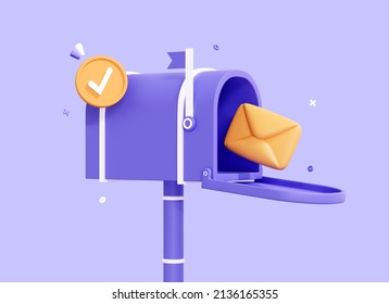 3D Cartoon Mailbox With Letter In Envelope And Check Mark. Confirmed Message With Tick. Newsletter Concept. Sent Mail Or Email. Cartoon Postbox Icon Isolated On Purple Background. 3D Rendering