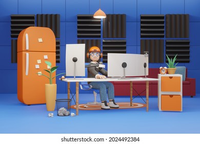 3D cartoon man character live streaming in home studio with professional gaming equipments, camera, gaming computer and laptop - 3D rendering - Powered by Shutterstock