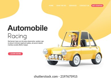 3d Cartoon Man Driving Racing Car Web Banner, Illustration On Color Background