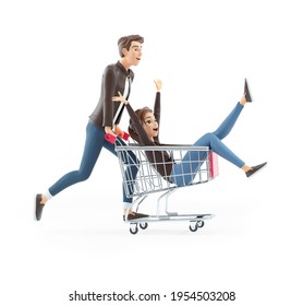 3d cartoon man pushing woman inside shopping cart, illustration isolated on white background - Powered by Shutterstock