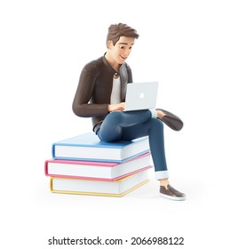 3d cartoon man sitting on books with laptop, illustration isolated on white background