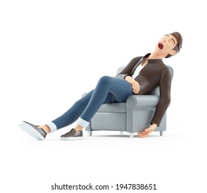 3d Cartoon Man Sleeping In Armchair, Illustration Isolated On White Background