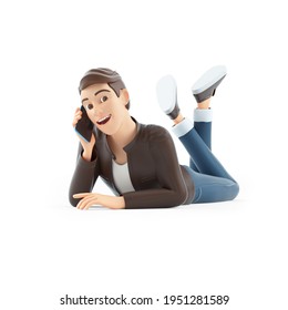 3d Cartoon Man Talking On Phone And Lying Down On Floor, Illustration Isolated On White Background