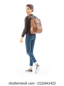 3d Cartoon Man Walking With Backpack, Illustration Isolated On White Background