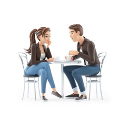3d Cartoon Man And Woman Drinking Coffee, Illustration Isolated On White Background