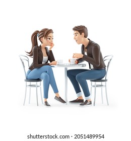 3d cartoon man and woman drinking coffee, illustration isolated on white background