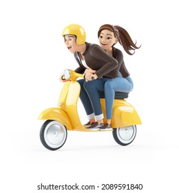 3d Cartoon Man And Woman Riding A Scooter, Illustration Isolated On White Background