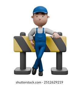 A 3D cartoon mechanic in blue overalls, casually leaning on a yellow and black construction barrier, exuding a relaxed and professional demeanor.	 - Powered by Shutterstock