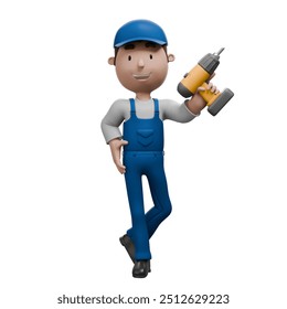 A 3D cartoon mechanic confidently holding a power drill in one hand, wearing blue overalls, a cap, and smiling.	 - Powered by Shutterstock