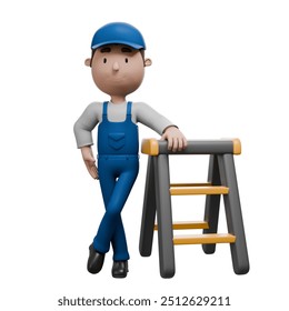 A 3D cartoon mechanic leaning on a step ladder, wearing blue overalls and a cap, giving a friendly smile.	 - Powered by Shutterstock