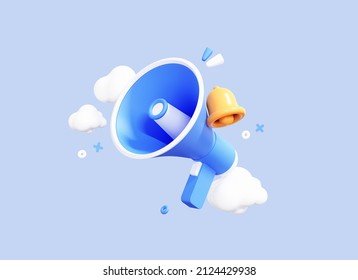 3D Cartoon Megaphone with Bell notification. Marketing time concept. Online news with loudspeaker. Social media promotion. Realistic elements isolated on blue background. 3D Rendering