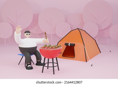 3D Cartoon Men Are Eating, BBQ, Camping And Pitching A Tent. In The Big Forest - 3D Illustration