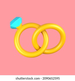 3d cartoon a pair of wedding rings on pink background, a couple wedding diamond ring. 3d rendering illustration