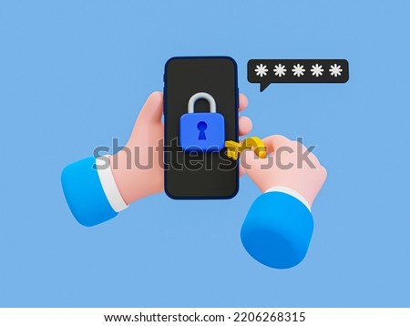 3d cartoon password verification. Password authentication concept. Login process. Authorized user. Hand holding a key unlocking a smartphone. 3d rendering illustration.