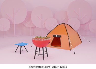 3D Cartoon Pitching A Tent, Campfire And BBQ In The Big Forest - 3D Illustration