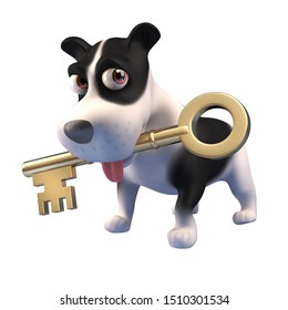 3d cartoon puppy dog character holding a gold key in its mouth, 3d illustration render