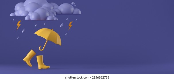 3d Cartoon Rain Season Rubber Boots And Yellow Umbrella On Dark Purple Background. Concept For Banner, Cover, Poster, Brochure. 3d Rendering Illustration