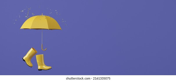 3d Cartoon Rain Season Rubber Boots And Yellow Umbrella On Dark Purple Background. Concept For Banner, Cover, Poster, Brochure. 3d Rendering Illustration