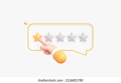 3D Cartoon Rating With One Star Review. Customer Hand Clicks On A Bad Rating. Negative Feedback Concept. Low Reputation. Isolated Icon On Background. 3D Rendering