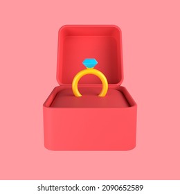 3d cartoon ring in box isolated on pink background, diamond ring in the red jewelry box. 3d rendering illustration