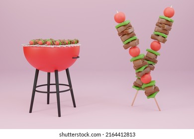 3D Cartoon Roasted Mutton Skewers, BBQ Kebab, Isolated On Pink Background. - 3D Illustration