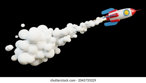 3d Cartoon Rocket Flying With Jet Smoke And Flame. 3d Render. Isolated 3d Illustration.