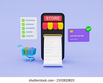 3d Cartoon Shopping Concept. Payment And Checkout Process. Moneyless Payment Concept. Smartphone, Shopping Cart, Grocery List, And Credit Card. 3d Rendering Illustration.