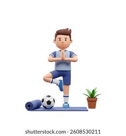 3D cartoon of a soccer player doing tree pose with a ball nearby suggesting fitness and balance promotion Use for wellness programs and sports content.