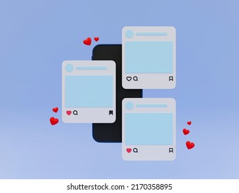 3d Cartoon Social Media Post. Blank Post About Pictures On A Smartphone With Some Mini Hearts. Likes, Shares, And Comments On Social Media Posts. 3d Rendering Illustration.