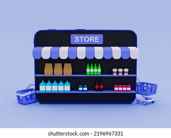 3d Cartoon Storefront Tablet. Online Shopping Concept. E-commerce Concept. Shop Or Grocery Store With Lots Of Products. Tablet With A Rack Of Products. 3d Rendering Illustration.