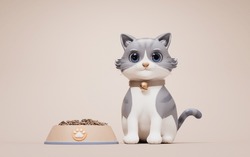 3D Cartoon Style Cute Cat And Bowl, 3d Rendering. 3D Illustration.