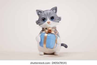 3D cartoon style cute cat and gift box, 3d rendering. 3D illustration. - Powered by Shutterstock