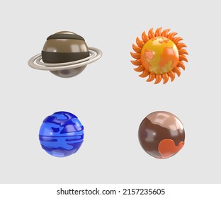 3d cartoon style planets white isolated background. Saturn, Sun, Neptune, Pluto. several planets in space with stars and comets. Solar system. Galaxy. 