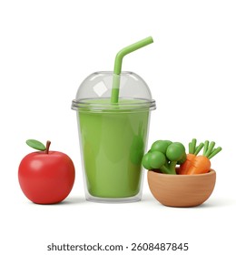 3D Cartoon style rendering features a vibrant green smoothie, a red apple, plus broccoli and carrots in a bowl Great for health and nutrition content.
